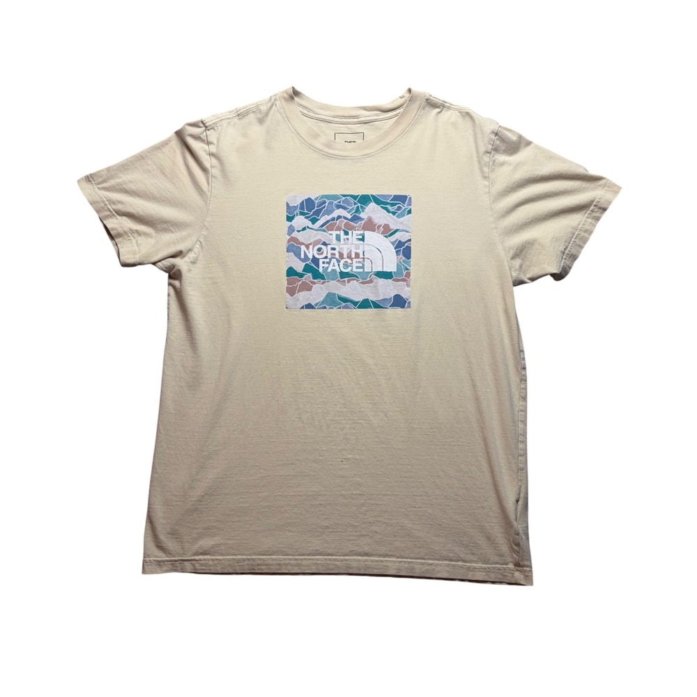 The North Face T-Shirt Mens Large Beige Cotton Graphic Box Logo Short Sleeve